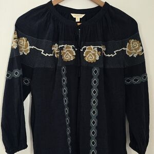 Lucky Brand Black Blouse with Gold Embroidery